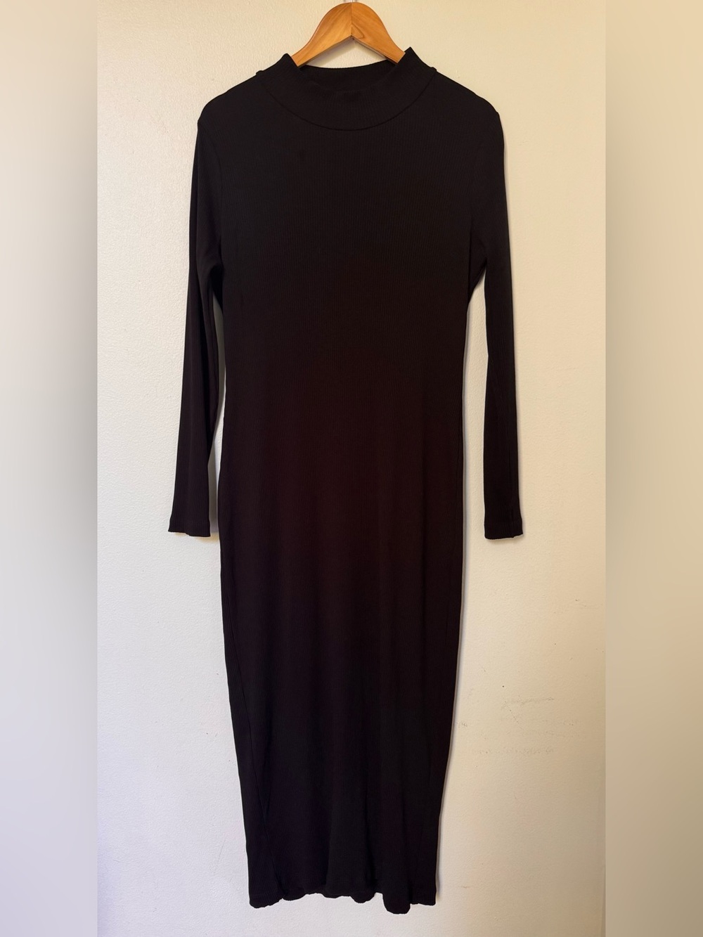 Whistles Black Long Sleeve Mock Neck Ribbed Midi Dress